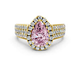 Yellow gold Fancy Pink Pear  Halo Round Diamond Pave Band with Prong Setting_12