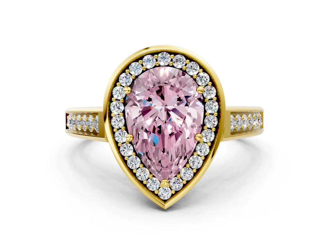 Yellow gold Fancy Pink Pear  Halo Solitaire Diamond Ring with Pave Band and Bezel Setting_49