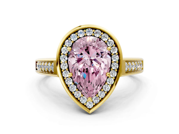 Yellow gold Fancy Pink Pear  Halo Solitaire Diamond Ring with Pave Band and Bezel Setting