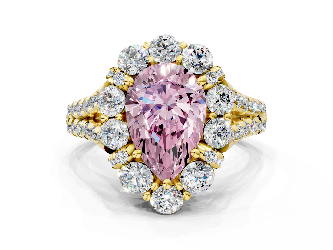 Yellow gold Fancy Pink Pear  Halo Split Shank Diamond Engagement Ring with Pave Band and Four-Prong Setting_54