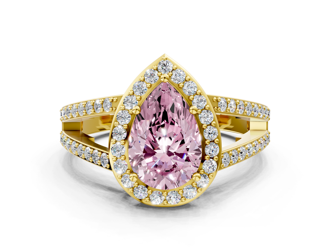 Yellow gold Fancy Pink Pear  Halo Split Shank Diamond Ring with Four-Prong Setting_32