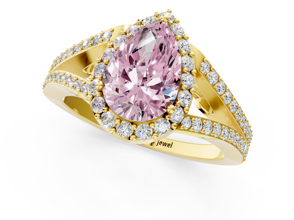 Yellow gold Fancy Pink Pear  Halo Split Shank Diamond Ring with Prong Setting