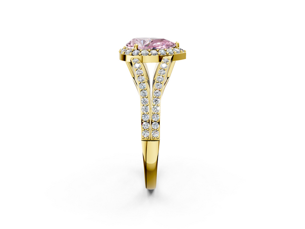 Yellow gold Fancy Pink Pear  Halo Split Shank Diamond Ring with Prong Setting
