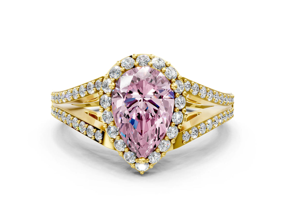 Yellow gold Fancy Pink Pear  Halo Split Shank Pave Diamond Ring with Four-Prong Setting_48