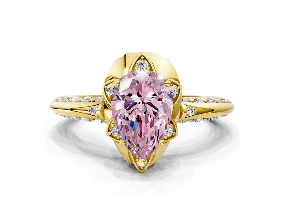 Yellow gold Fancy Pink Pear  Halo Split Shank Pave Diamond Ring with Petal Prong Setting_20