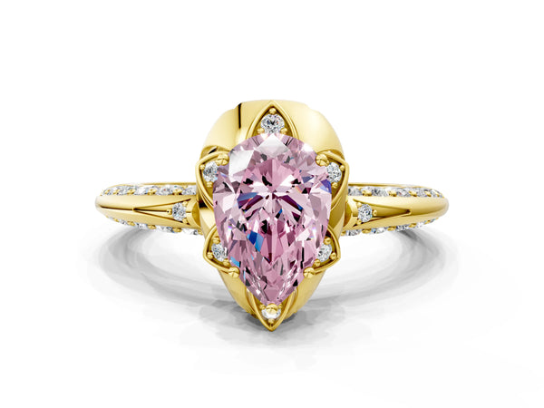 Yellow gold Fancy Pink Pear  Halo Split Shank Pave Diamond Ring with Petal Prong Setting