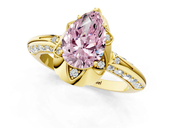 Yellow gold Fancy Pink Pear  Halo Split Shank Pave Diamond Ring with Petal Prong Setting