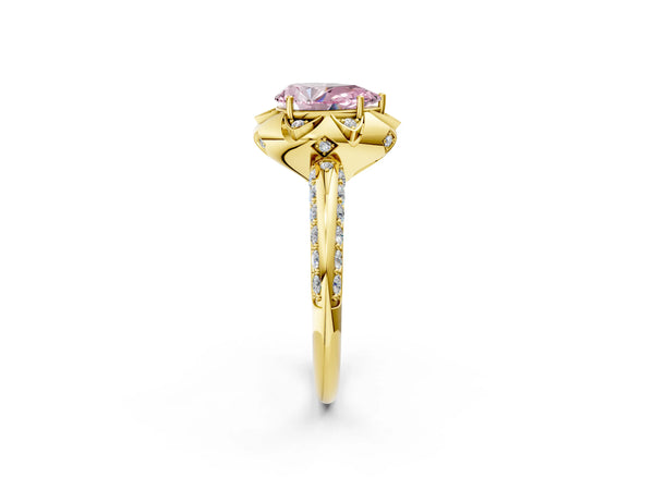 Yellow gold Fancy Pink Pear  Halo Split Shank Pave Diamond Ring with Petal Prong Setting