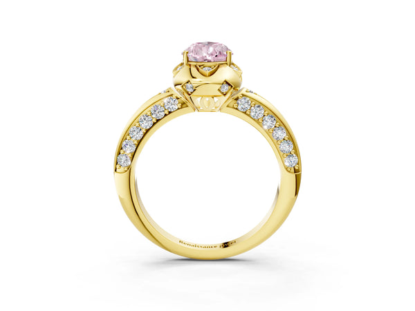 Yellow gold Fancy Pink Pear  Halo Split Shank Pave Diamond Ring with Petal Prong Setting