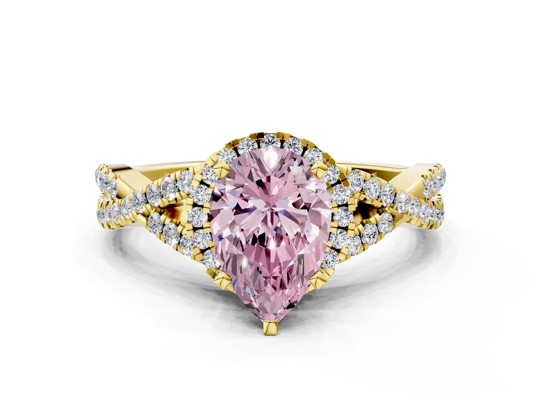 Yellow gold Fancy Pink Pear  Halo Twist Band Solitaire Prong Setting Ring_76