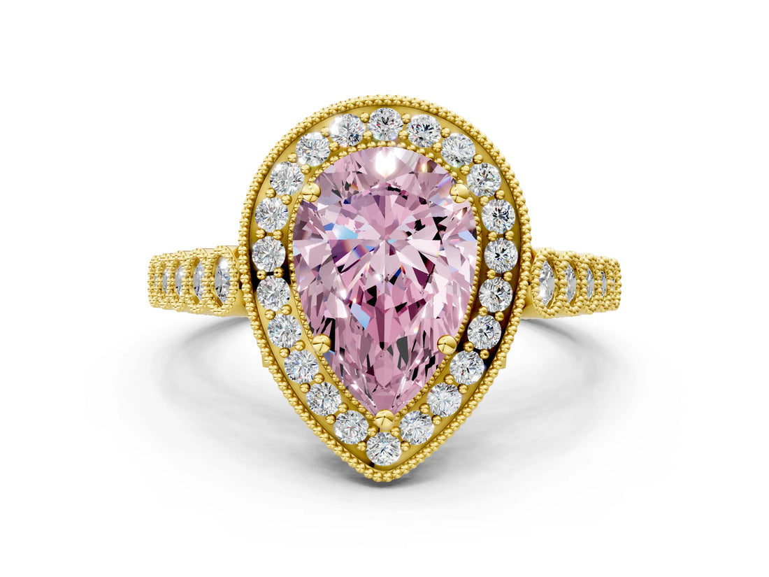 Yellow gold Fancy Pink Pear  Halo Twist Band Solitaire Ring with Six-Prong Setting_33