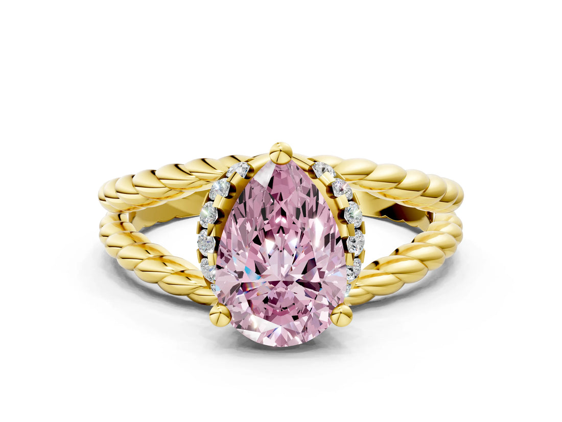 Yellow gold Fancy Pink Pear  Halo Twisted Band Four-Prong Ring_55