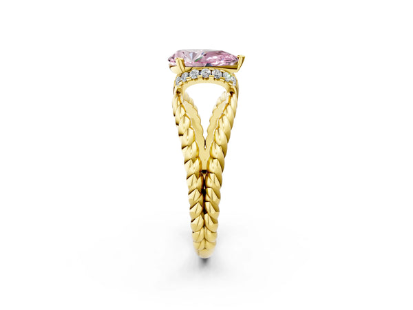 Yellow Gold Pear-Shaped Engagement Ring Setting for Fancy Pink Center with Rope Split Shank