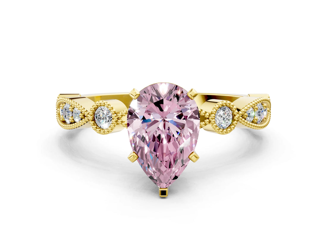 Yellow gold Fancy Pink Pear  Milgrain Bezel Diamond Engagement Ring with Solitaire Prong Setting_154