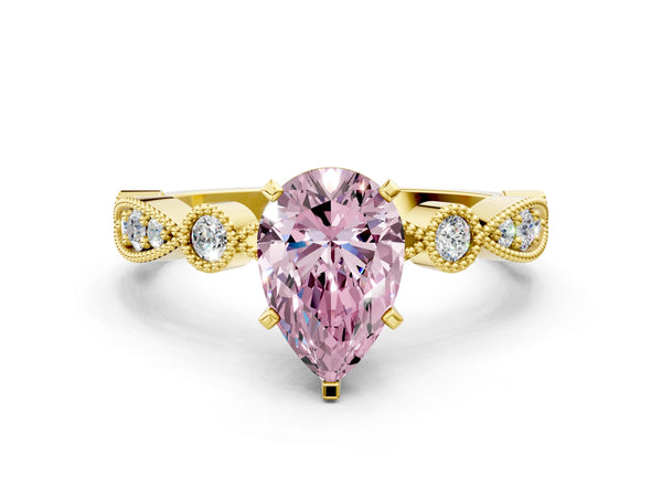 Yellow Gold Pear-Shaped Milgrain Bezel Engagement Ring Setting for Fancy Pink Center