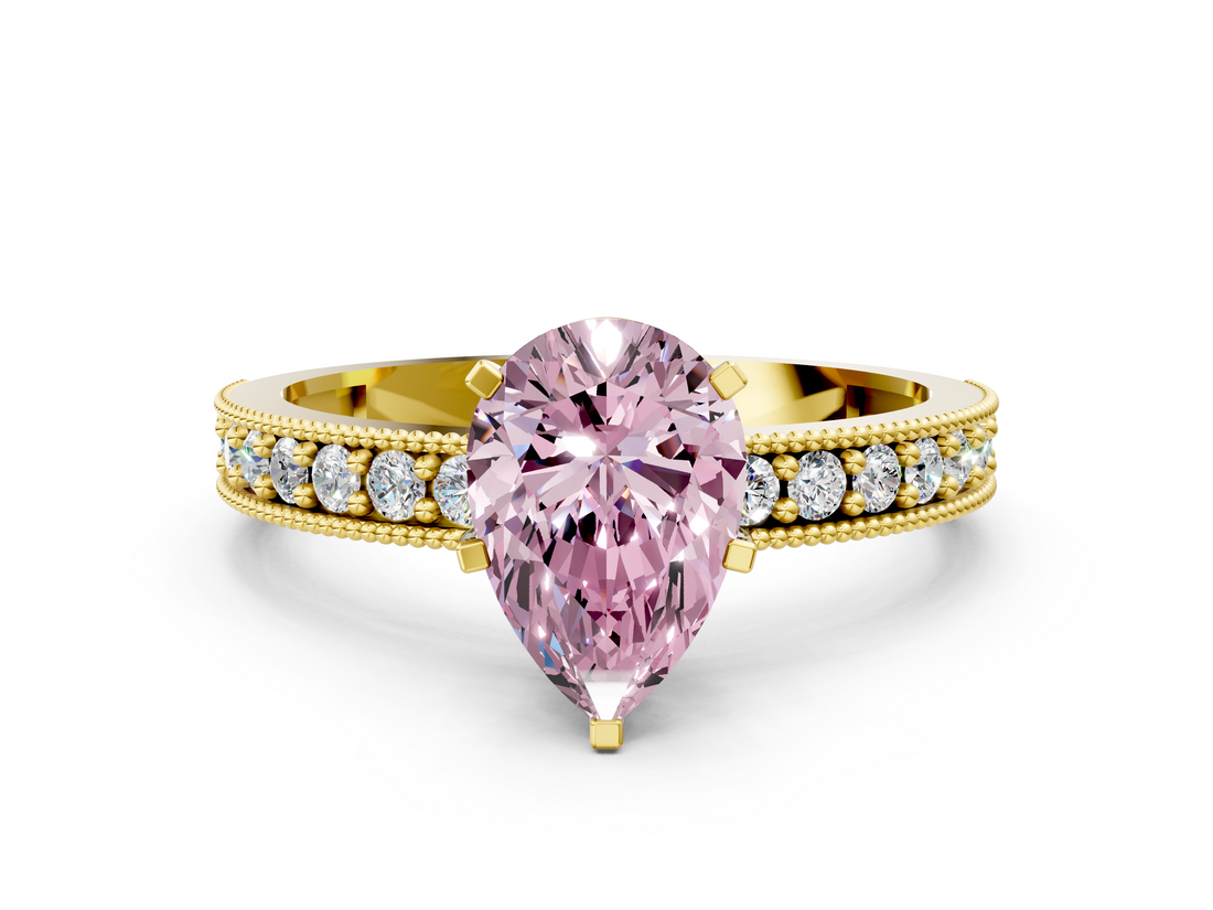 Yellow gold Fancy Pink Pear  Milgrain Pave Diamond Engagement Ring with Four-Prong Setting_148