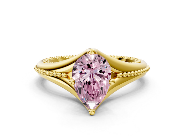 Yellow gold Fancy Pink Pear  Solitaire Beaded Band Six-Prong Setting