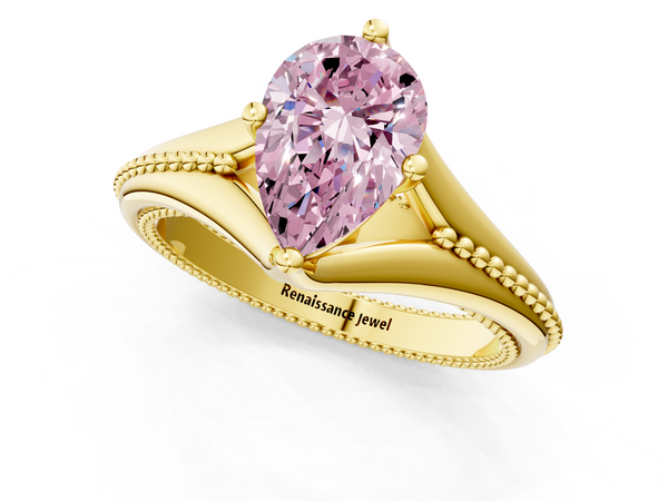 Yellow gold Fancy Pink Pear  Solitaire Beaded Band Six-Prong Setting