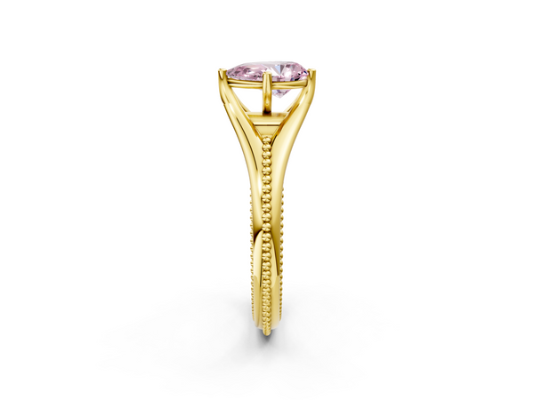 Yellow gold Fancy Pink Pear  Solitaire Beaded Band Six-Prong Setting