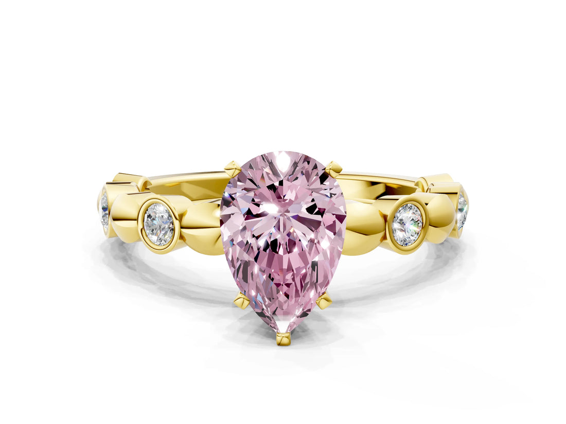 Yellow gold Fancy Pink Pear  Solitaire Bezel-Set Diamond Ring with Beaded Band and Four-Prong Setting_32