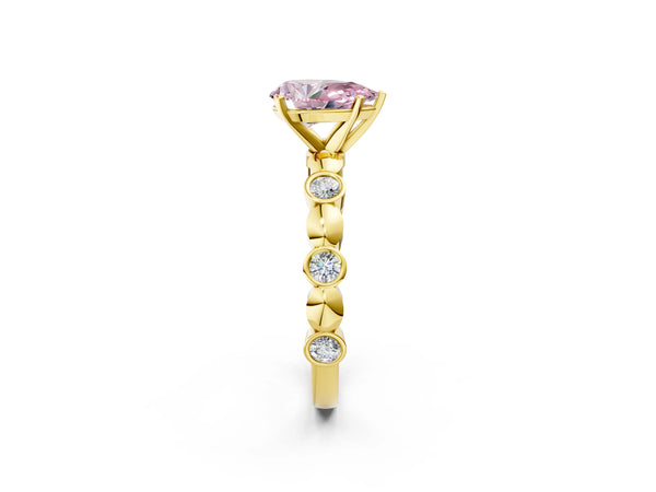 Yellow Gold Pear-Shaped Engagement Ring Setting for Fancy Pink Center with Bezel Station Beaded Band