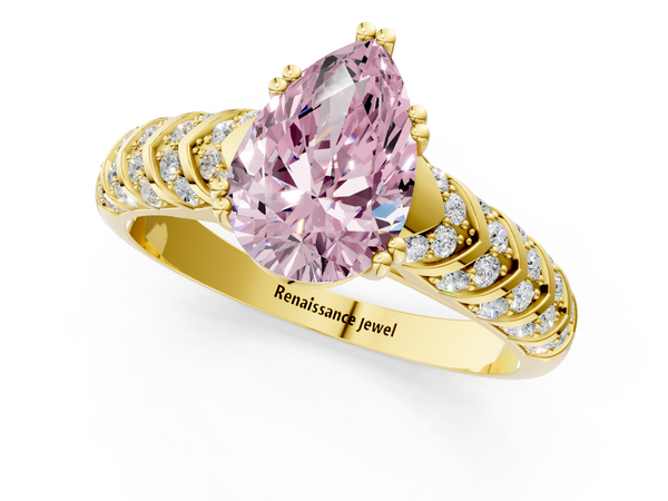 Yellow gold Fancy Pink Pear  Solitaire Chevron Pave Diamond Engagement Ring with Six-Prong Setting