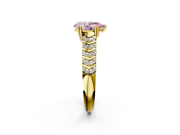 Yellow gold Fancy Pink Pear  Solitaire Chevron Pave Diamond Engagement Ring with Six-Prong Setting