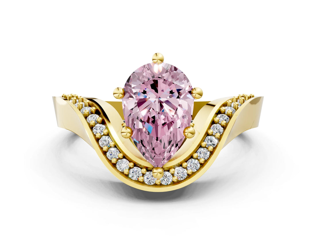 Yellow gold Fancy Pink Pear  Solitaire Diamond Engagement Ring with Pave Band and Four-Prong Setting 1