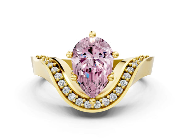 Yellow gold Fancy Pink Pear  Solitaire Diamond Engagement Ring with Pave Band and Four-Prong Setting