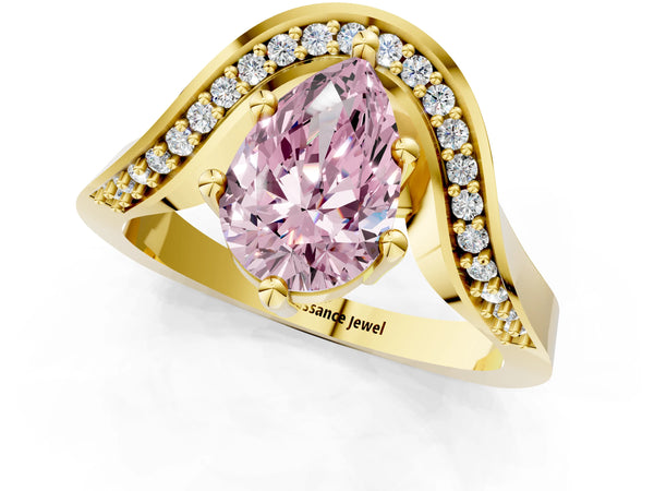 Yellow gold Fancy Pink Pear  Solitaire Diamond Engagement Ring with Pave Band and Four-Prong Setting
