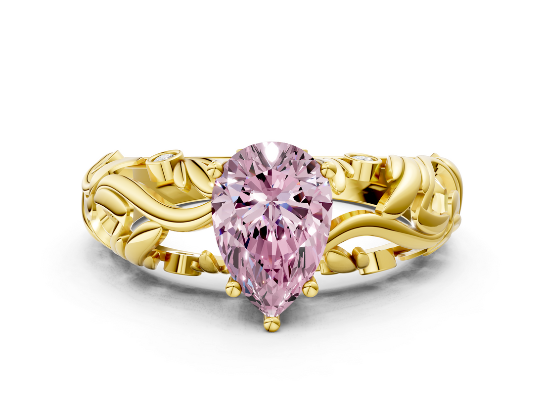 Yellow gold Fancy Pink Pear  Solitaire Diamond Leaf Vine Band with Prong Setting_47