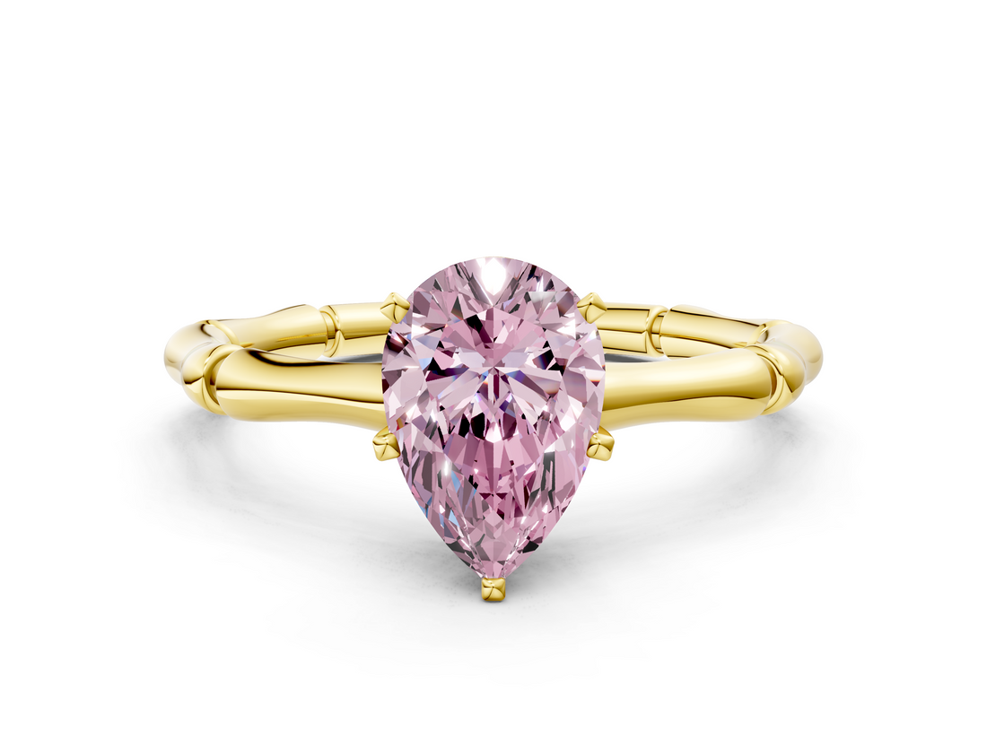 Yellow gold Fancy Pink Pear  Solitaire Diamond Ring with Bamboo Band and Four-Prong Setting_56