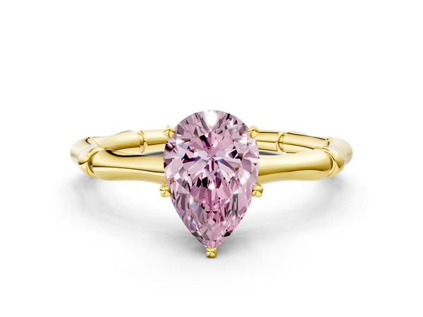 Yellow gold Fancy Pink Pear  Solitaire Diamond Ring with Bamboo Band and Four-Prong Setting