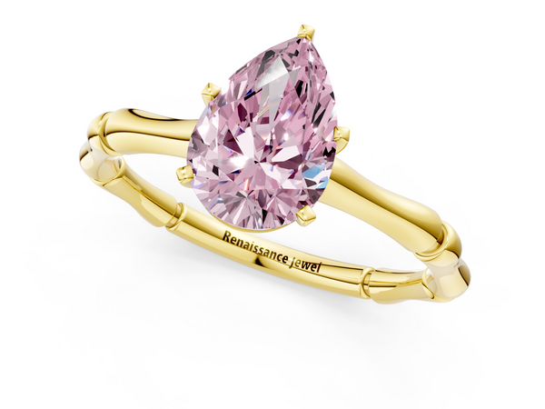 Yellow gold Fancy Pink Pear  Solitaire Diamond Ring with Bamboo Band and Four-Prong Setting