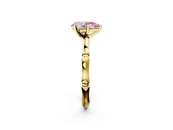 Yellow gold Fancy Pink Pear  Solitaire Diamond Ring with Bamboo Band and Four-Prong Setting