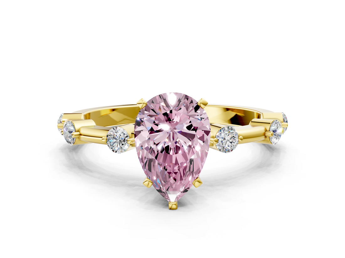 Yellow gold Fancy Pink Pear  Solitaire Diamond Ring with Bezel Set Side Stones and Prong Setting_3