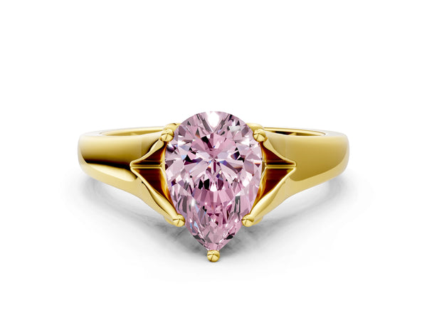 Yellow gold Fancy Pink Pear  Solitaire Diamond Ring with Cathedral Band and Four-Prong Setting