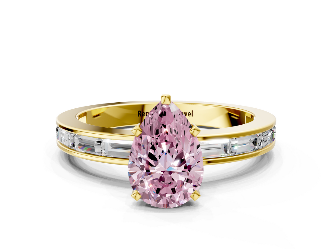 Yellow gold Fancy Pink Pear  Solitaire Diamond Ring with Channel-Set Baguette Band and Four-Prong Setting_85