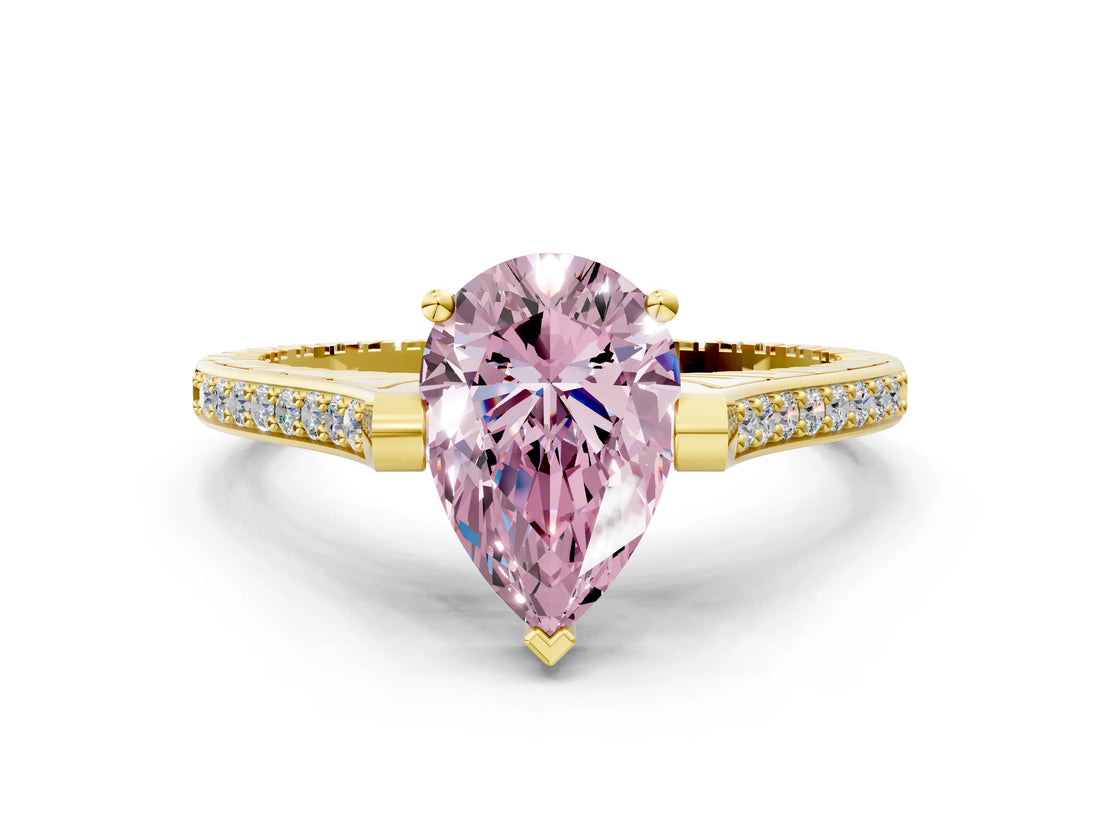 Yellow gold Fancy Pink Pear  Solitaire Diamond Ring with Channel Set Band and Bezel Prong Setting_56