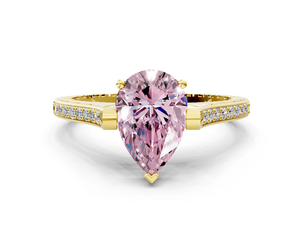 Yellow gold Fancy Pink Pear  Solitaire Diamond Ring with Channel Set Band and Bezel Prong Setting