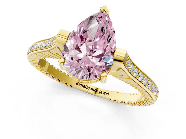 Yellow gold Fancy Pink Pear  Solitaire Diamond Ring with Channel Set Band and Bezel Prong Setting