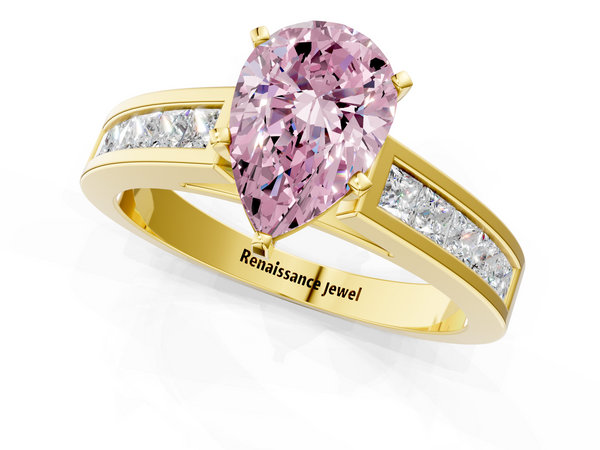 Yellow gold Fancy Pink Pear  Solitaire Diamond Ring with Channel-Set Band and Four-Prong Setting