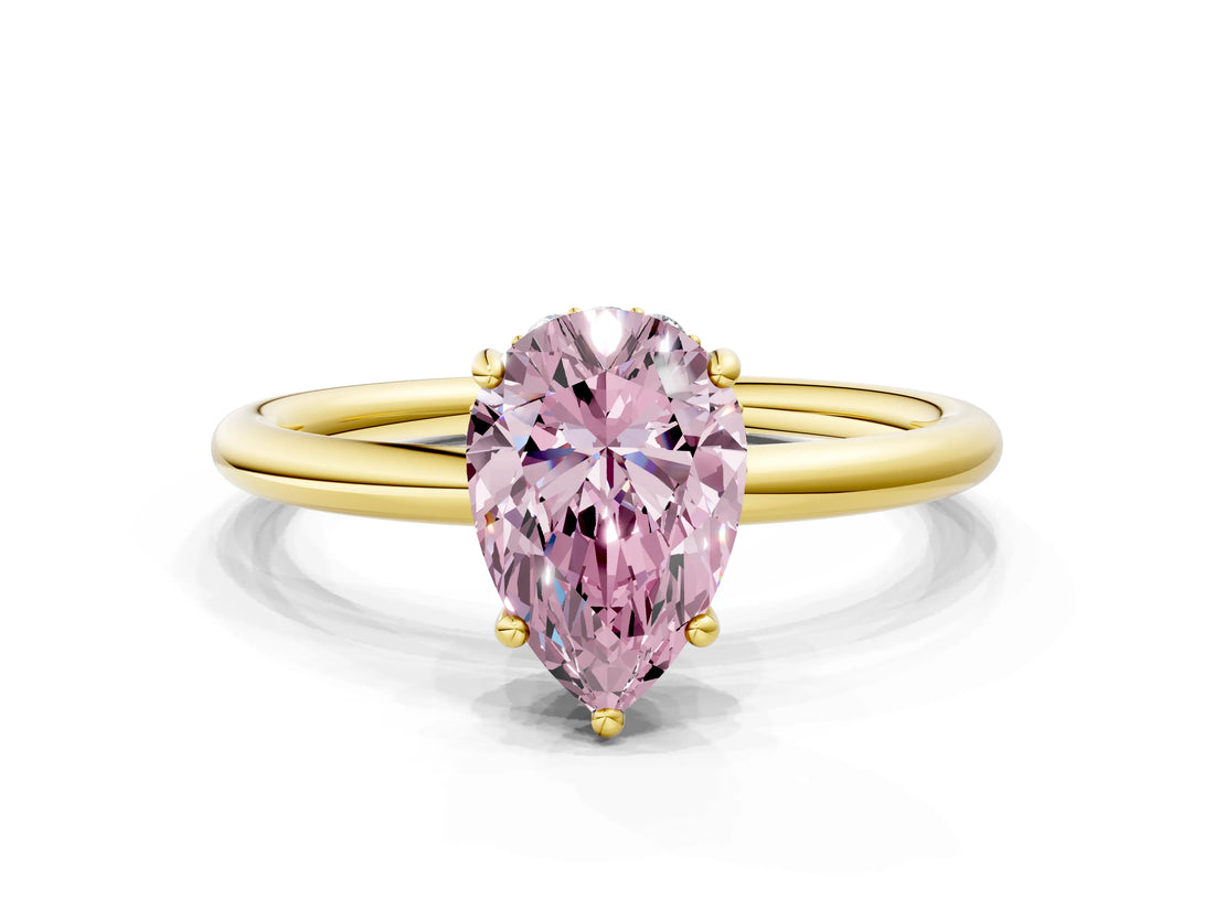 Yellow gold Fancy Pink Pear  Solitaire Diamond Ring with a Classic Band and Four-Prong Setting