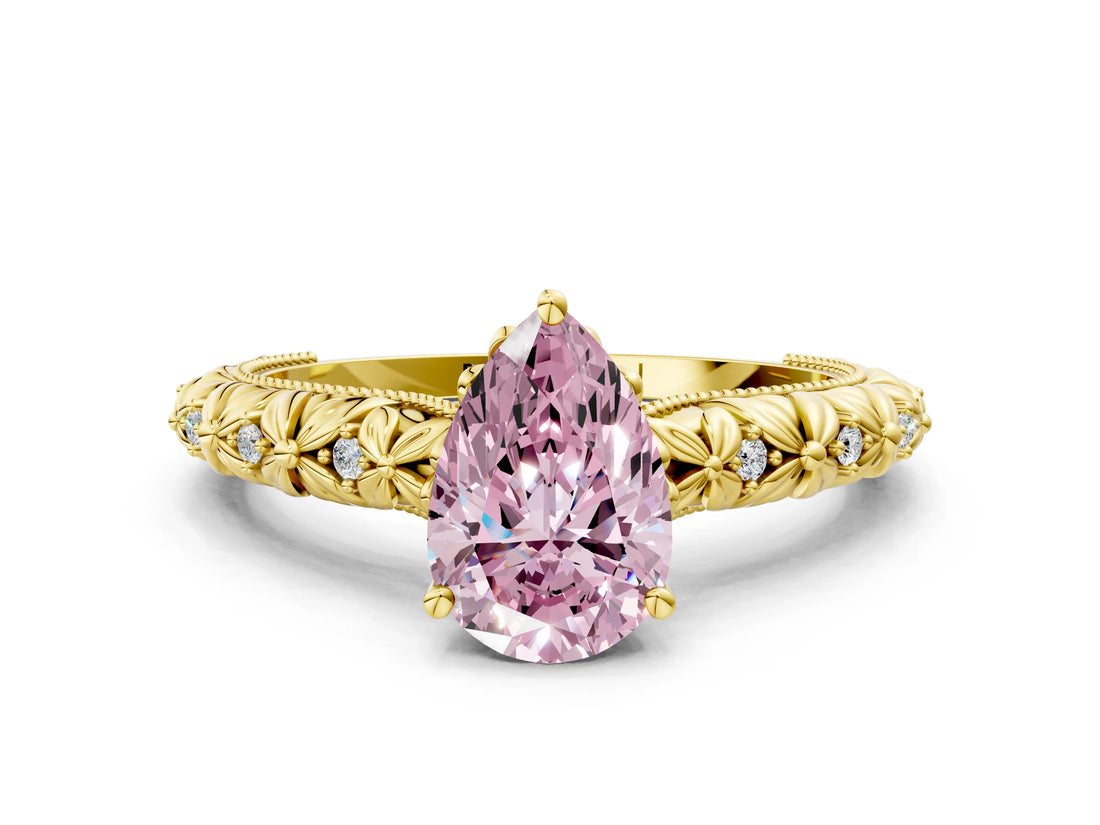 Yellow gold Fancy Pink Pear  Solitaire Floral Milgrain Engagement Ring_50