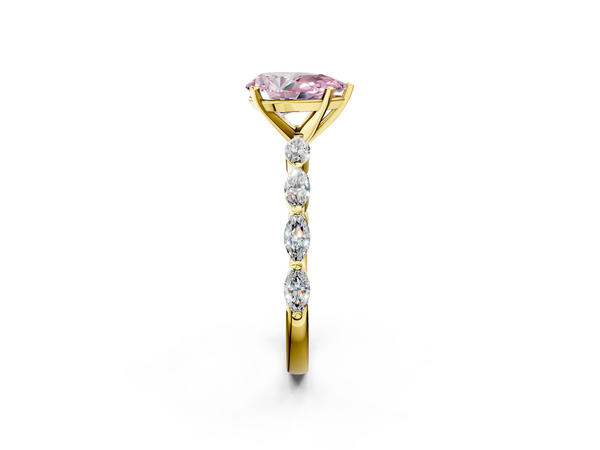 Yellow gold Fancy Pink Pear Cut Diamond Ring with Marquise Side Stones and Prong Setting
