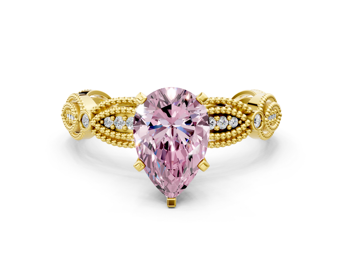 Yellow gold Fancy Pink Pear  Solitaire Milgrain Diamond Engagement Ring with Bezel and Marquise Band_112