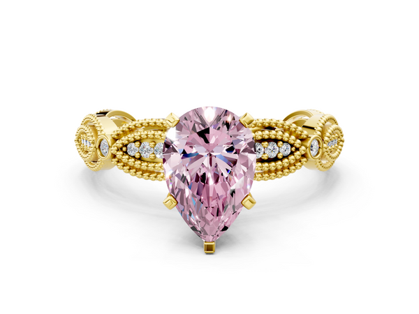 Yellow gold Fancy Pink Pear  Solitaire Milgrain Diamond Engagement Ring with Bezel and Marquise Band