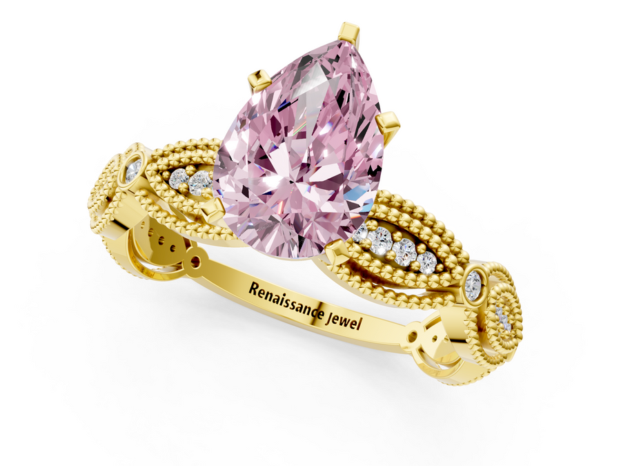 Yellow gold Fancy Pink Pear  Solitaire Milgrain Diamond Engagement Ring with Bezel and Marquise Band