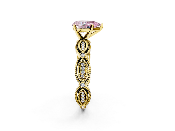 Yellow gold Fancy Pink Pear  Solitaire Milgrain Diamond Engagement Ring with Bezel and Marquise Band