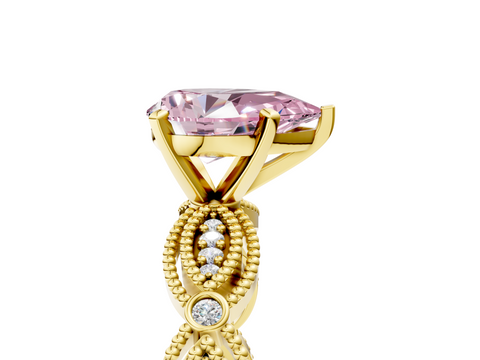 Yellow gold Fancy Pink Pear  Solitaire Milgrain Diamond Engagement Ring with Bezel and Marquise Band_117